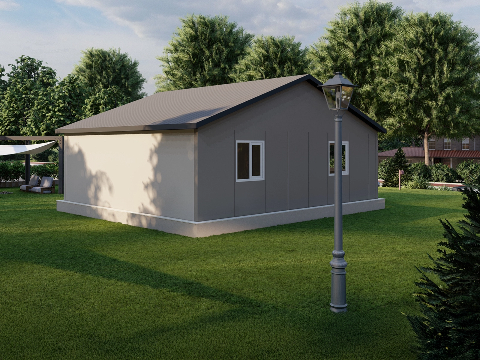 AP-1070 tek kat prefabrik ev arka cephe ve bahçe