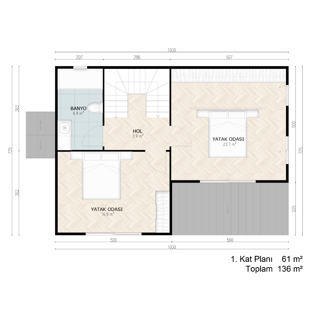 AP-2136 Çift Kat Prefabrik Konut 1. Kat Planı